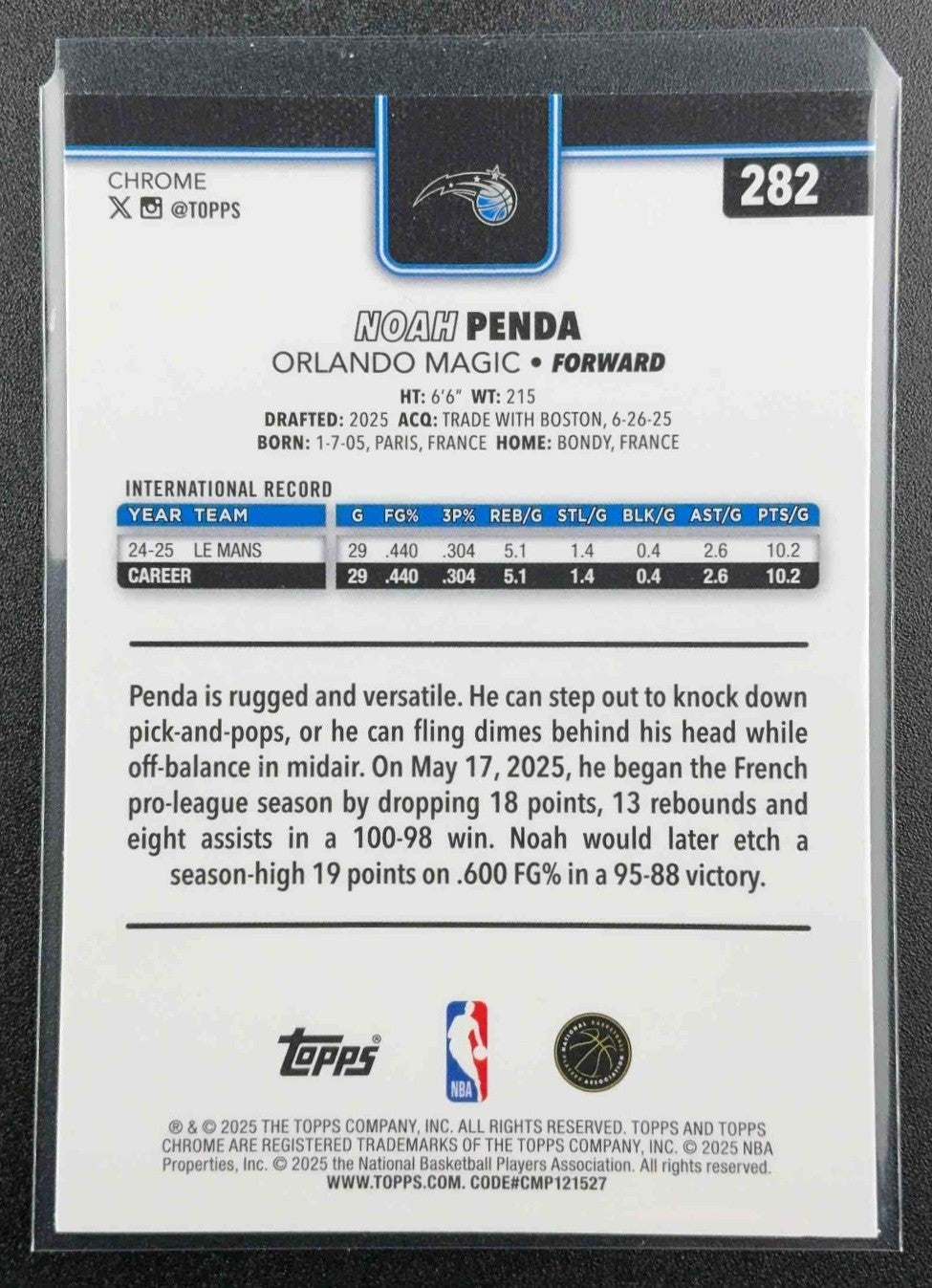 NOAH PENDA 2025-26 TOPPS CHROME #282 X-FRACTOR RC MAGIC