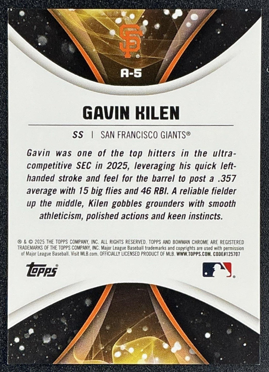 GAVIN KILEN 2025 BOWMAN DRAFT #A-5 AXIS CHROME GREEN REFRACTOR 33/99 GIANTS