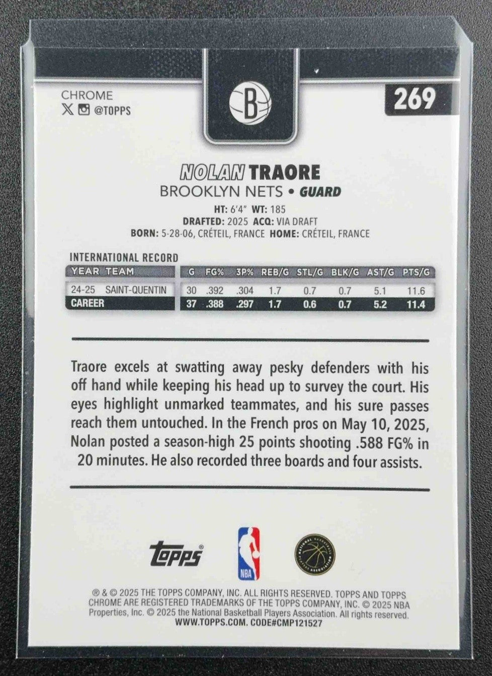 NOLAN TRAORE 2025-26 TOPPS CHROME #269 RAYWAVE REFRACTOR RC NETS