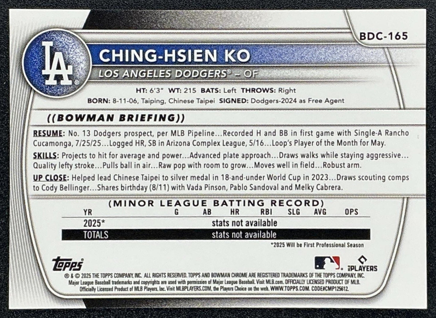 CHING-HSIEN KO 2025 BOWMAN DRAFT #BDC-165 CHROME ORANGE REFRACTOR 4/25 DODGERS