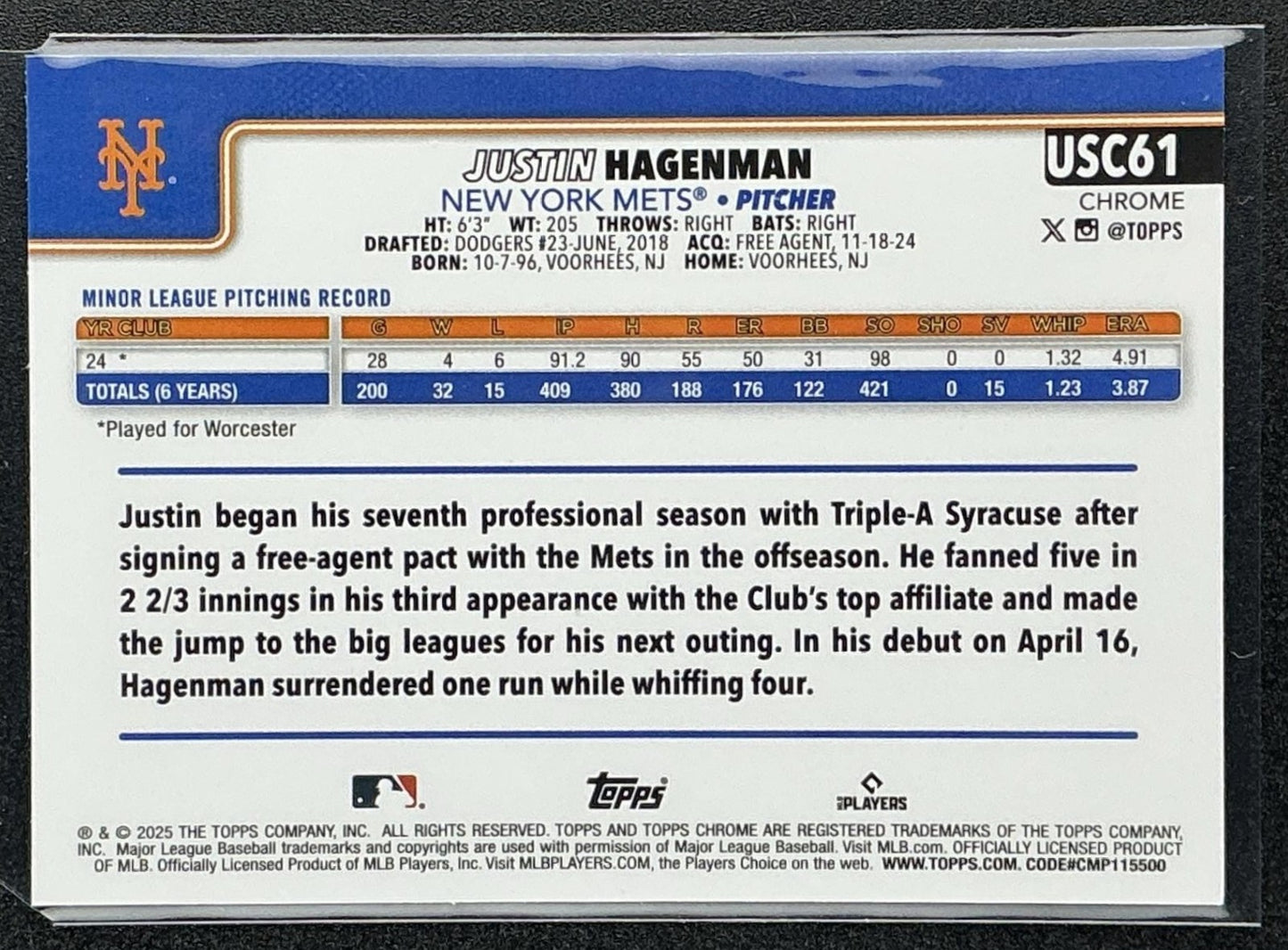 JUSTIN HAGENMAN 2025 TOPPS CHROME UPDATE #USC61 PRISM REFRACTOR RC METS