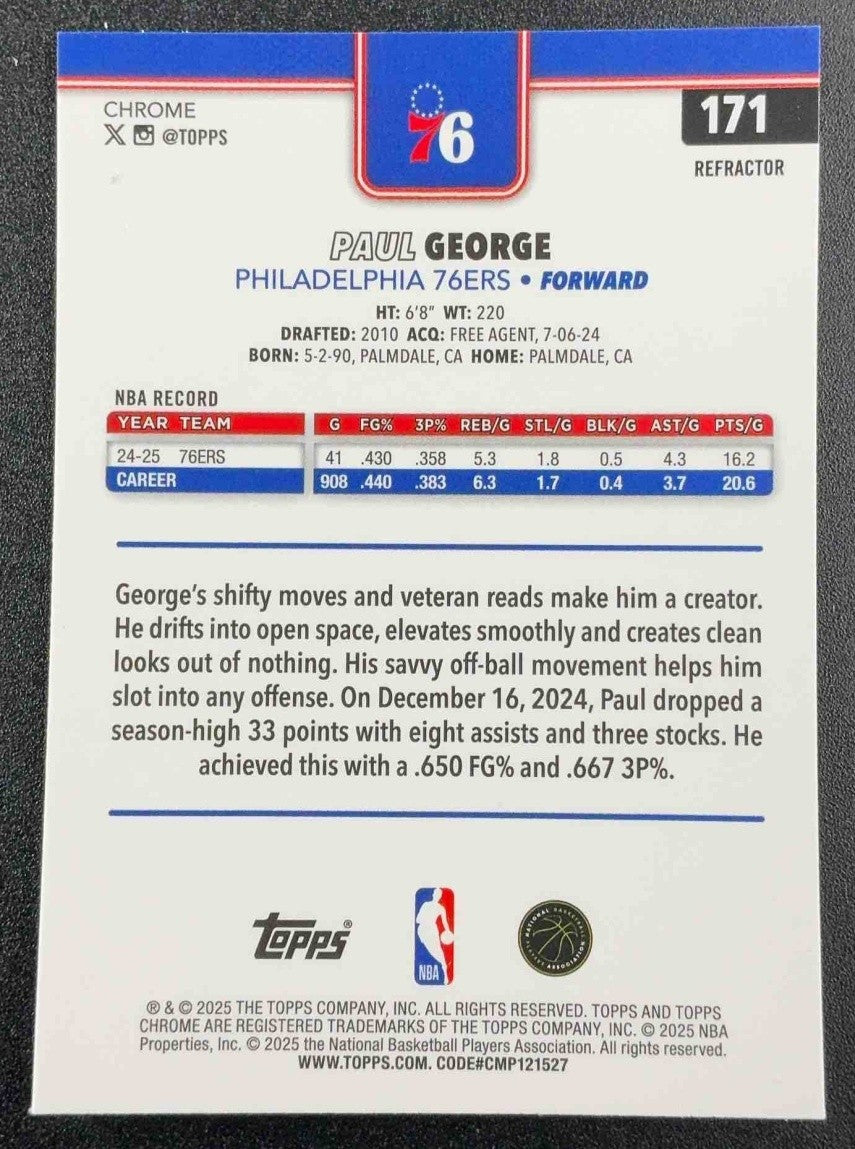 PAUL GEORGE 2025-26 TOPPS CHROME #171 REFRACTOR 76ERS