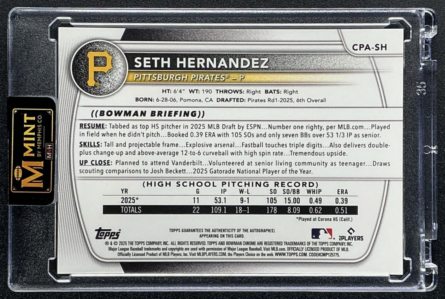 2025 Bowman Draft Seth Hernandez #CPA-SH Chrome Auto Aqua Lava /199 1st