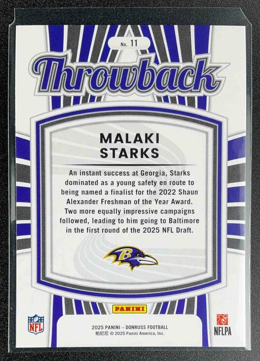 MALAKI STARKS 2025 PANINI DONRUSS #11 RATED ROOKIE THROWBACK RC RAVENS