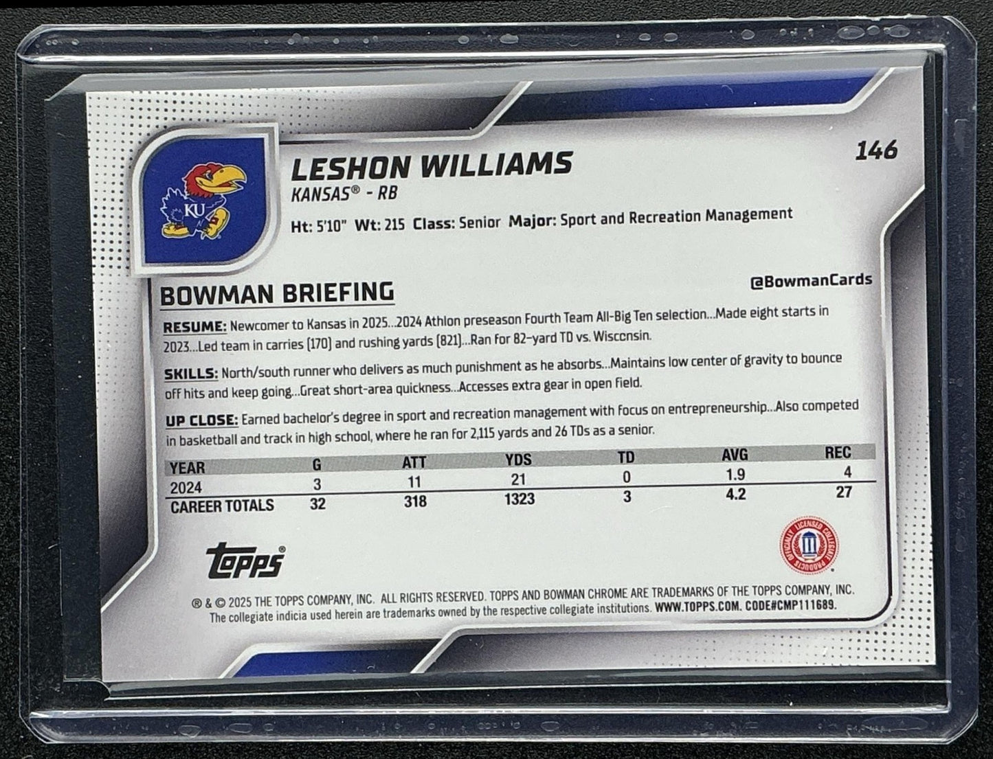 2025 Bowman Chrome University Sapphire Leshon Williams #146 Orange /25 1st