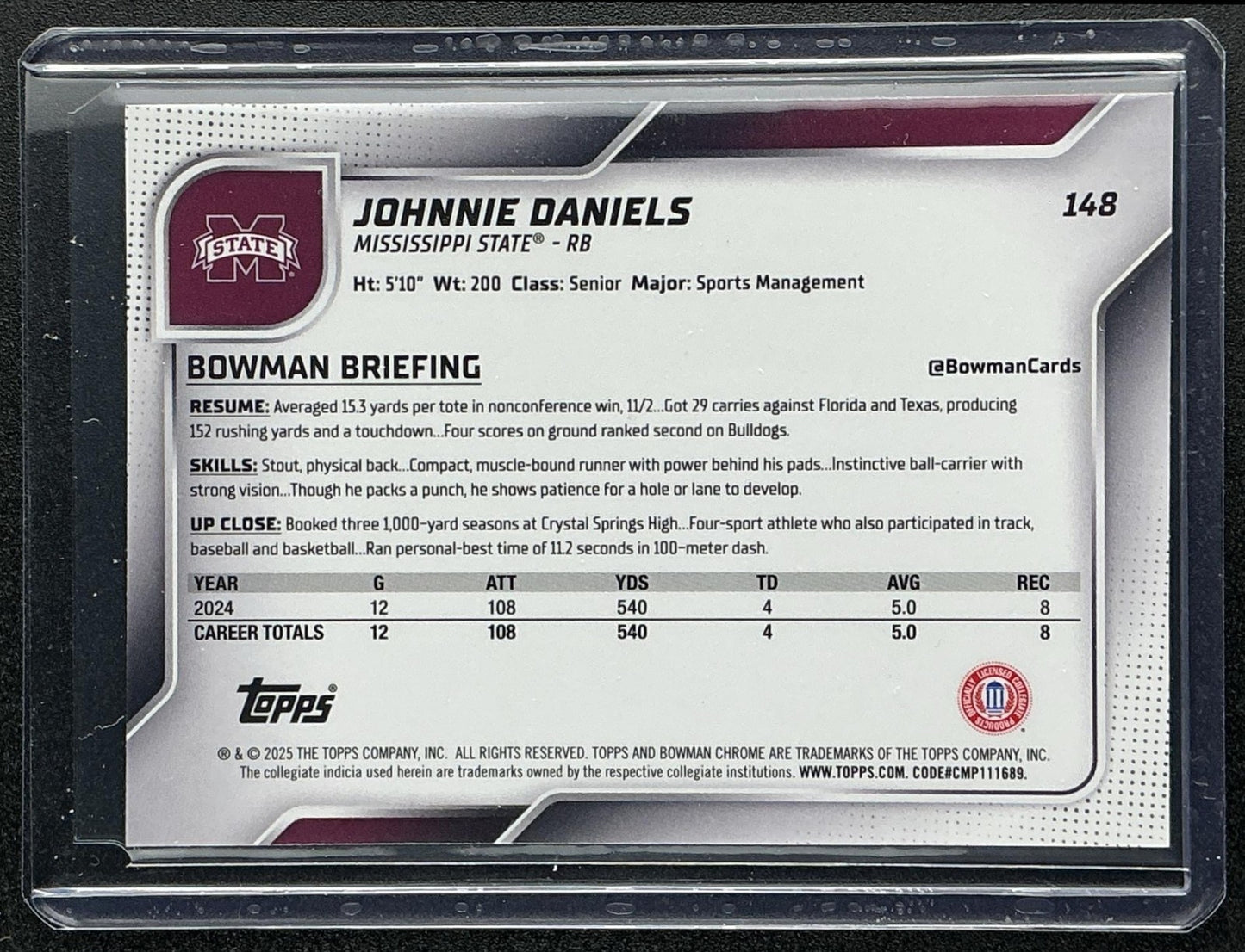 2025 Bowman Chrome University Sapphire Johnnie Daniels #148 Yellow /75 1st