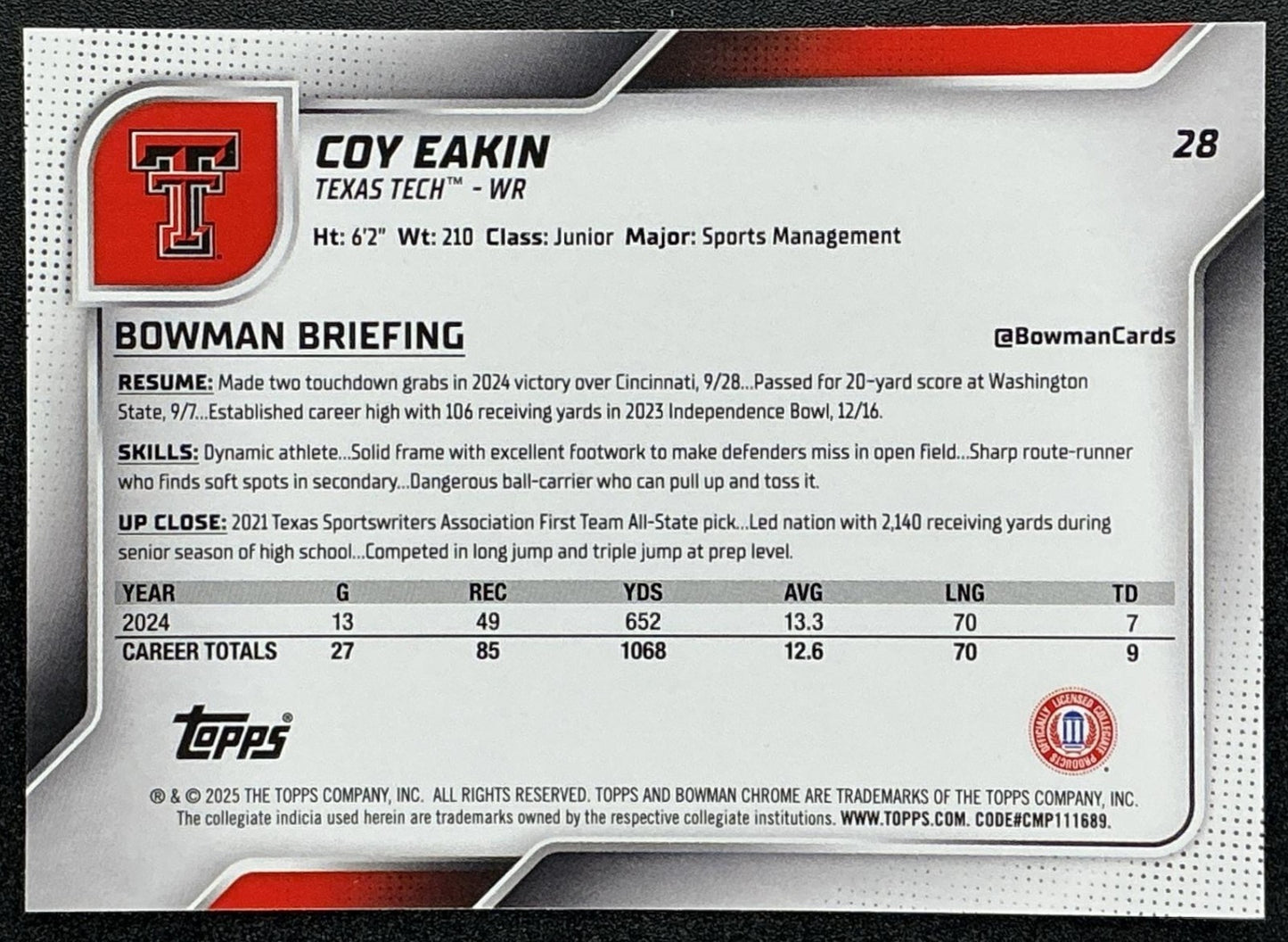 COY EAKIN 2025 BOWMAN CHROME UNIVERSITY SAPPHIRE #28 1ST PROSPECT RED RAIDERS