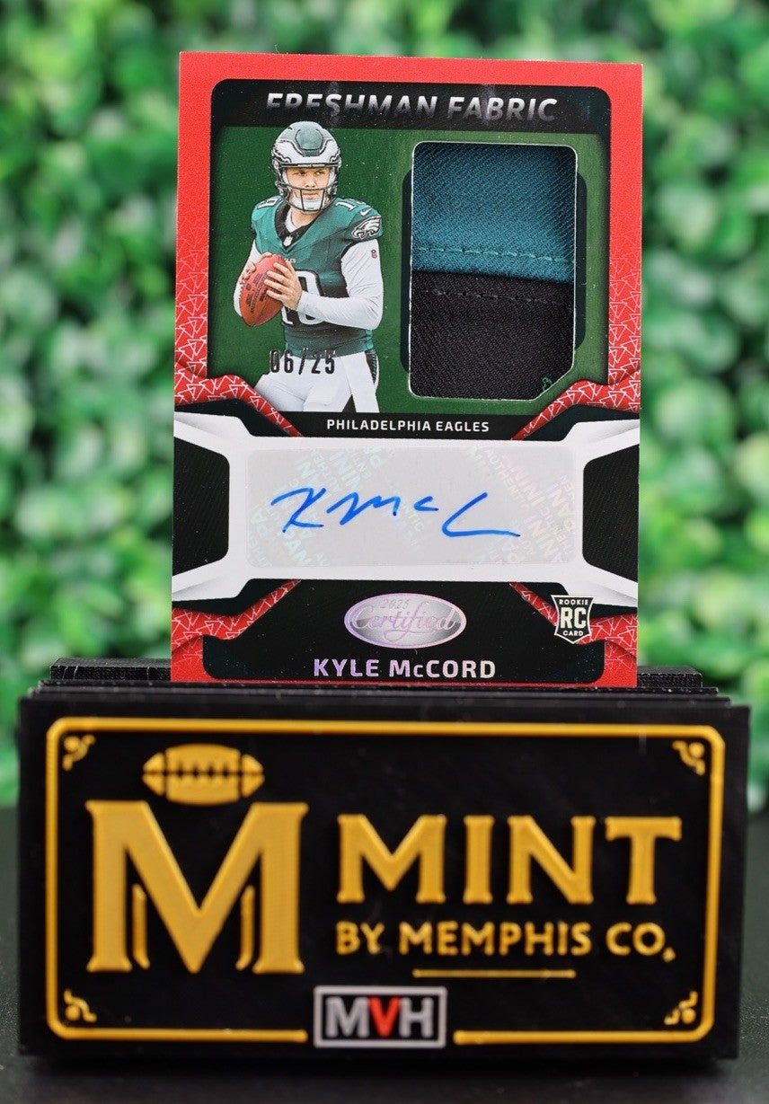 KYLE MCCORD 2025 PANINI CERTIFIED RC FRESHMAN FABRIC RED RPA /25 EAGLES FOTL