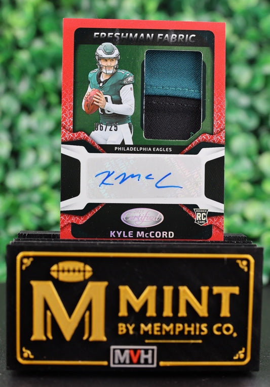 KYLE MCCORD 2025 PANINI CERTIFIED RC FRESHMAN FABRIC RED RPA /25 EAGLES FOTL
