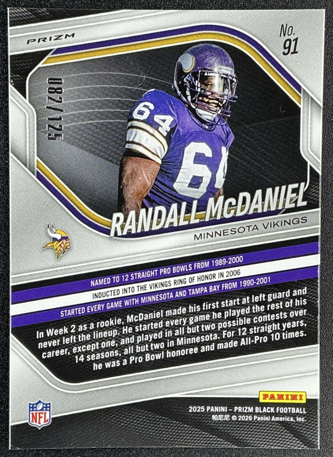 RANDALL MCDANIEL 2025 PANINI PRIZM BLACK #91 BLUE ICE 82/125 VIKINGS