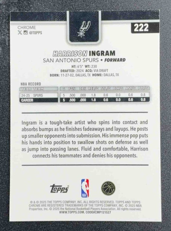 HARRISON INGRAM 2025-26 TOPPS CHROME #222 BLUE REFRACTOR 112/150 SPURS