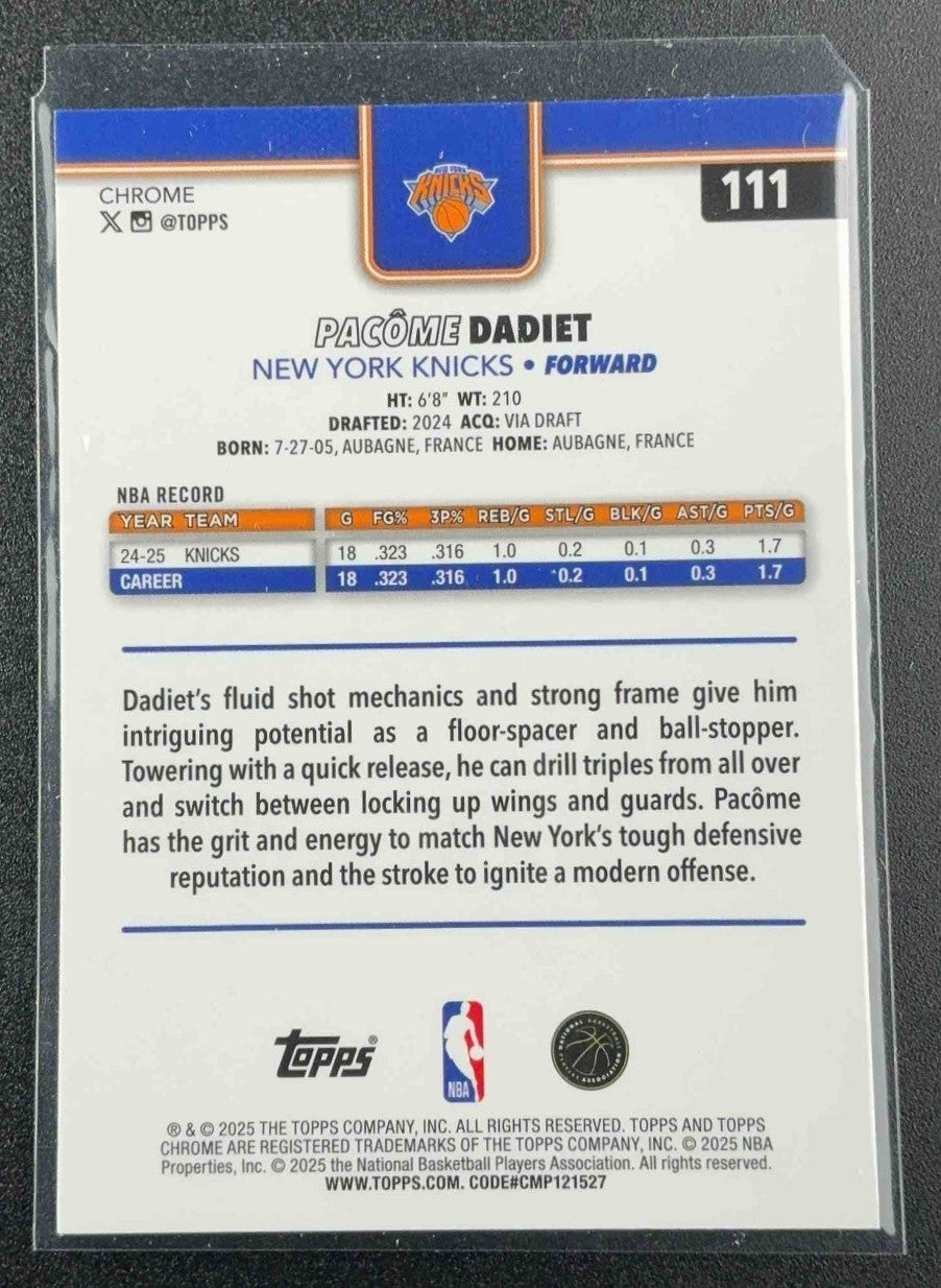 PACOME DADIET 2025-26 TOPPS CHROME #111 TEAL REFRACTOR 249/299 KNICKS