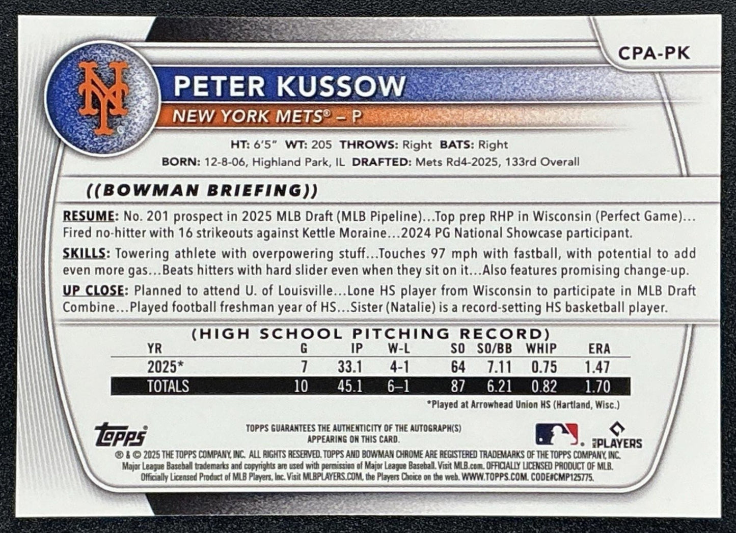 PETER KUSSOW 2025 BOWMAN DRAFT #CPA-PK CHROME AUTO 1ST PROSPECT METS
