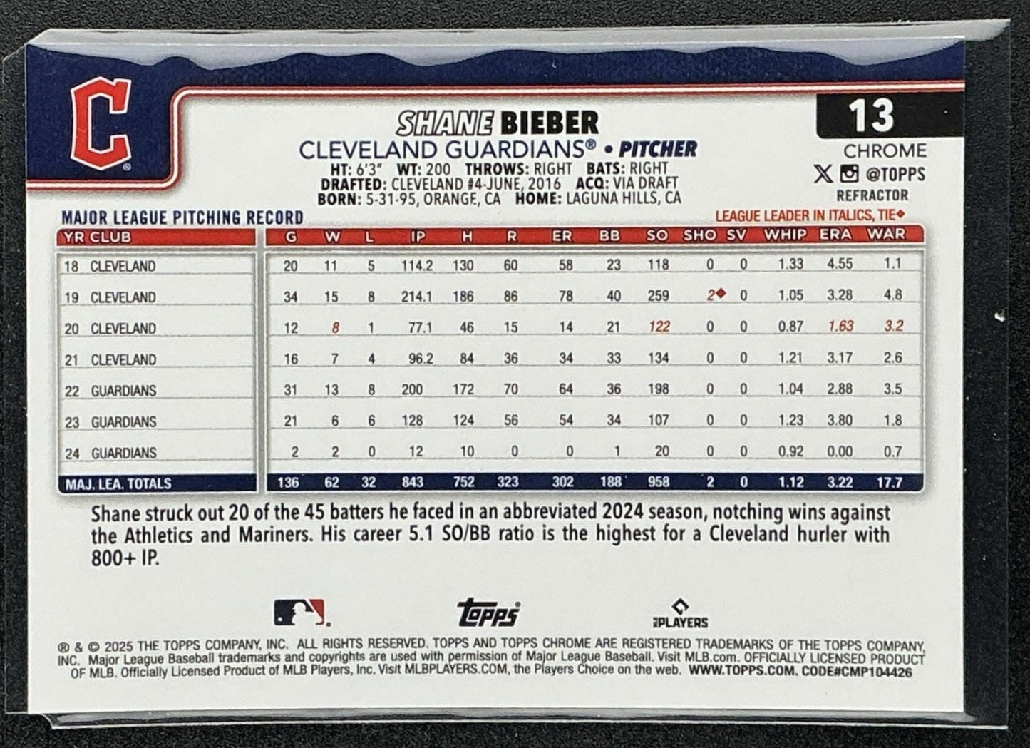 SHANE BIEBER 2025 TOPPS CHROME #13 REFRACTOR GUARDIANS
