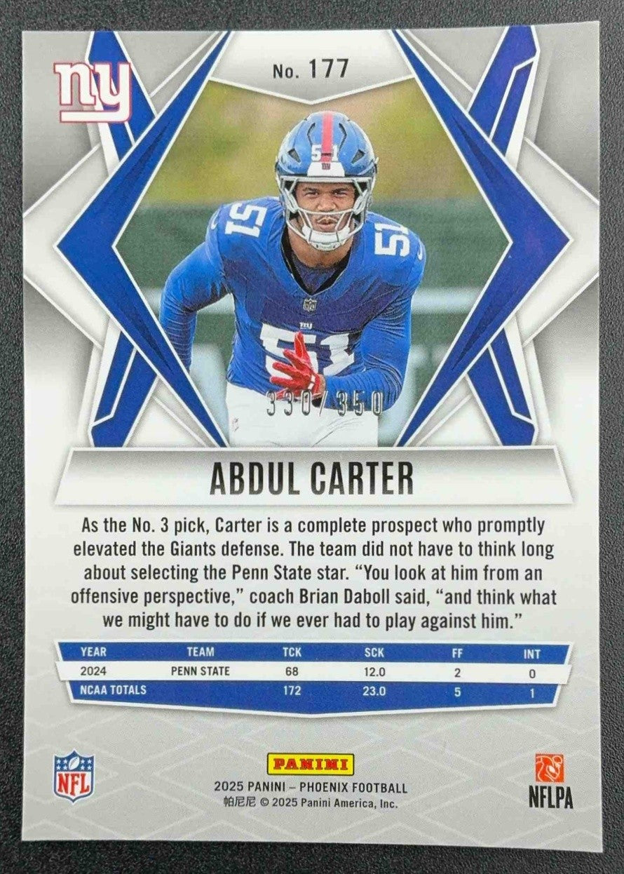 ABDUL CARTER 2025 PANINI PHOENIX #177 FIRE BURST 330/350 RC GIANTS