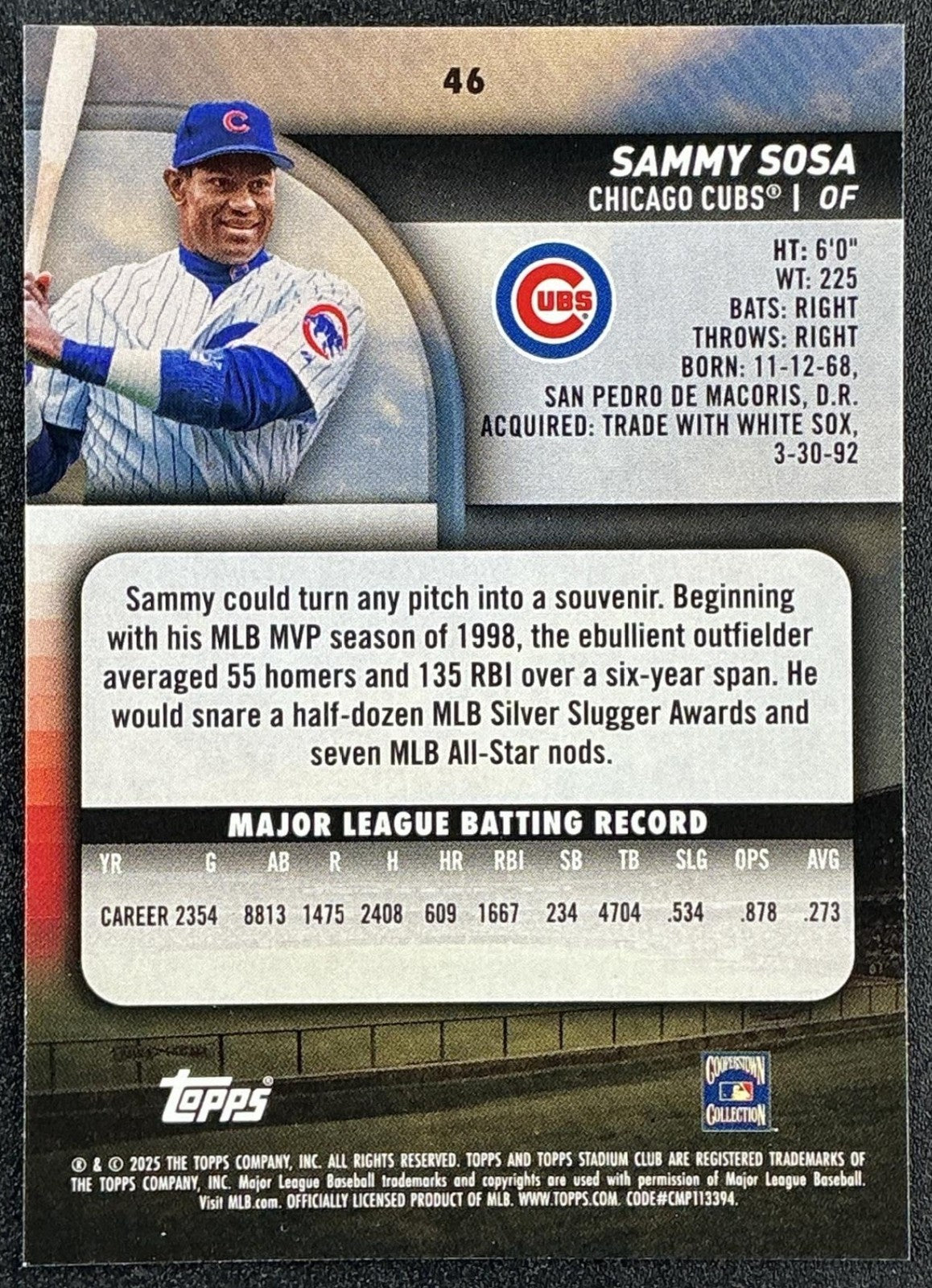 SAMMY SOSA 2025 TOPPS STADIUM CLUB #46 CUBS