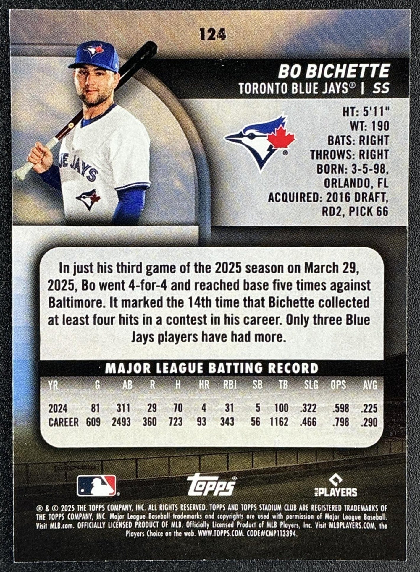 BO BICHETTE 2025 TOPPS STADIUM CLUB #124 BLUE JAYS