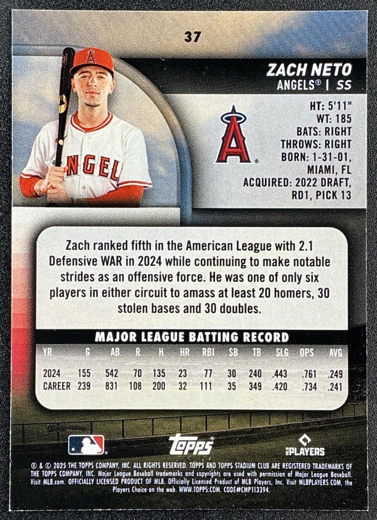 ZACH NETO 2025 TOPPS STADIUM CLUB #37 BRONZE FOIL ANGELS