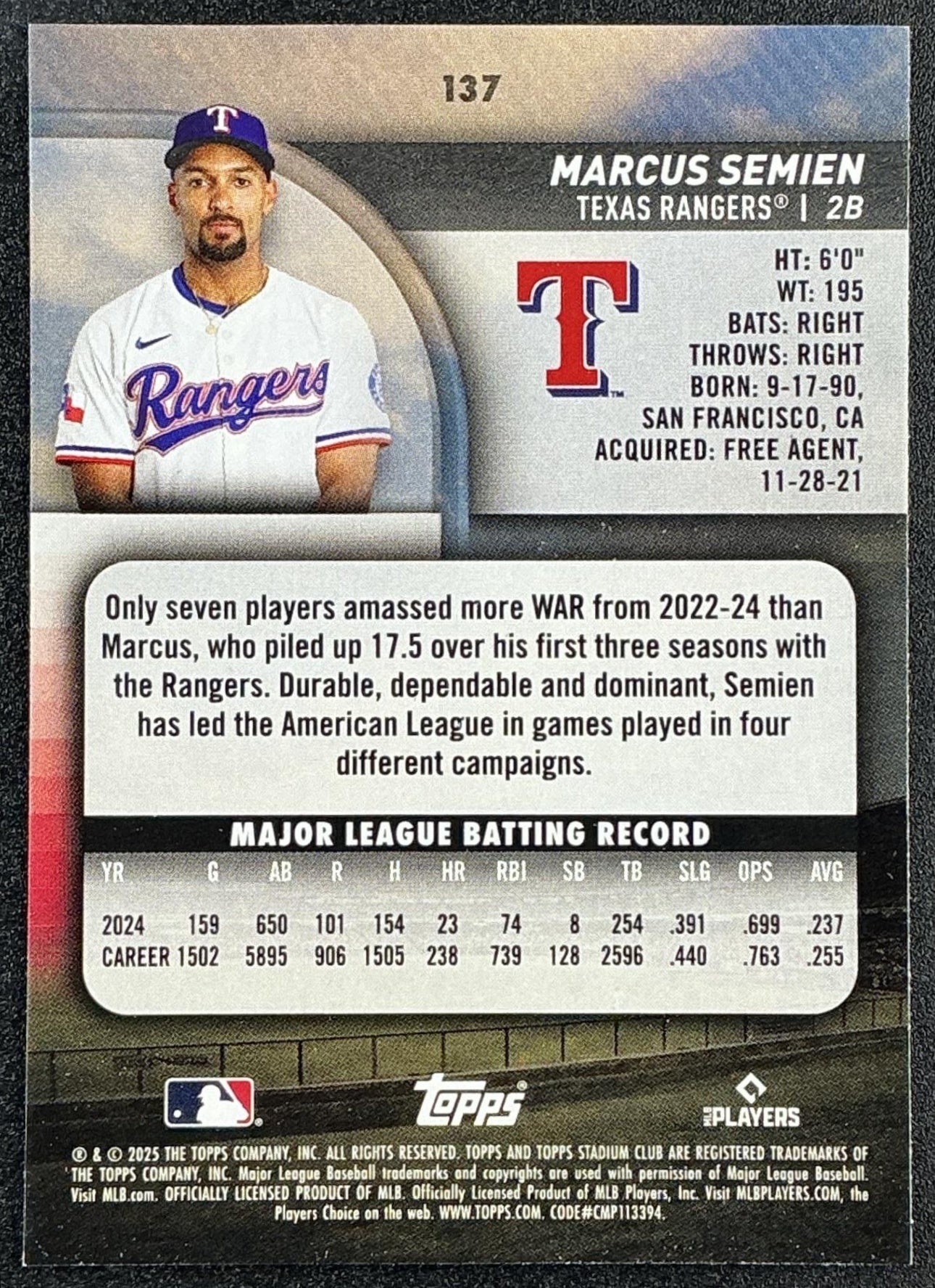MARCUS SEMIEN 2025 TOPPS STADIUM CLUB #137 RED FOIL RANGERS