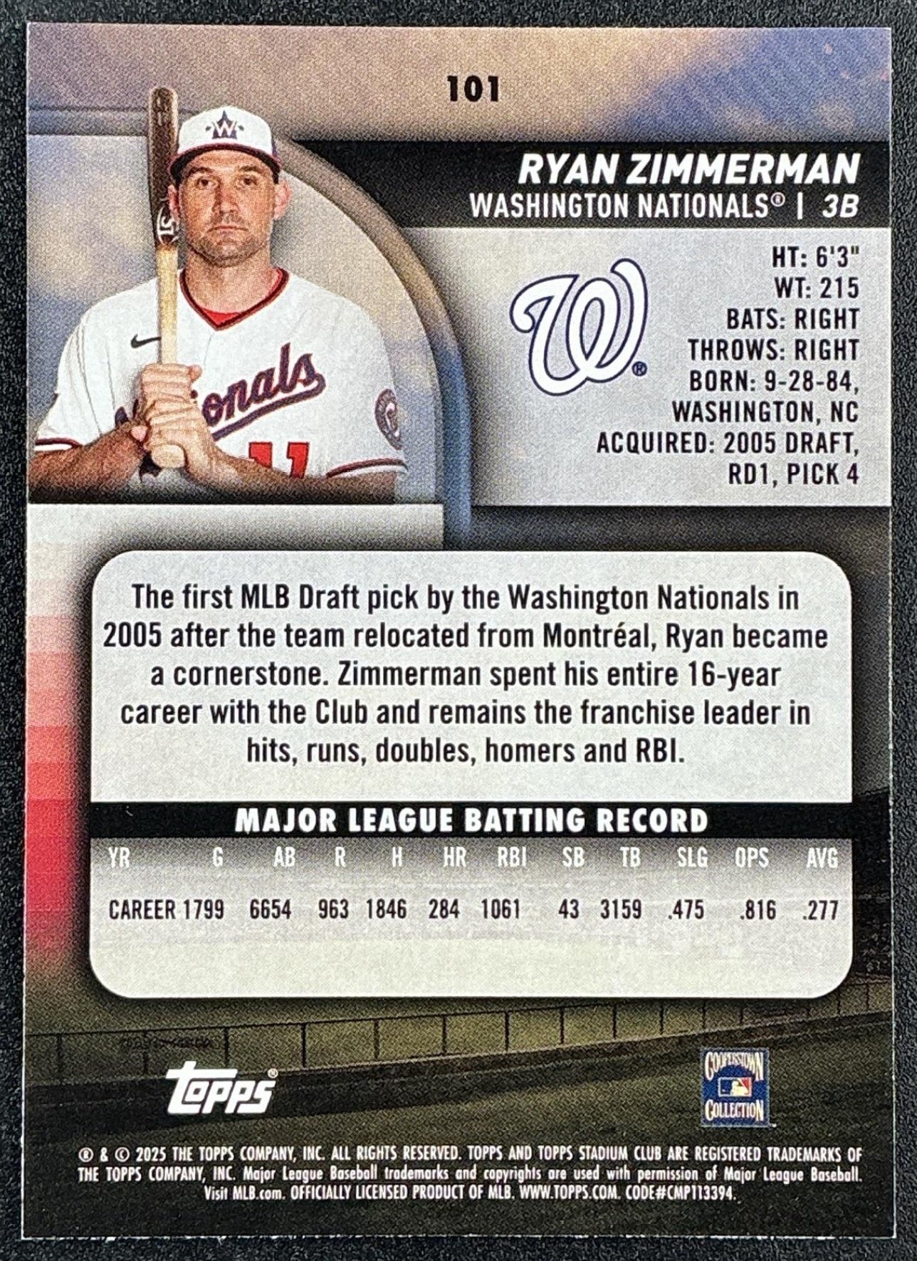 RYAN ZIMMERMAN 2025 TOPPS STADIUM CLUB #101 RED FOIL NATIONALS