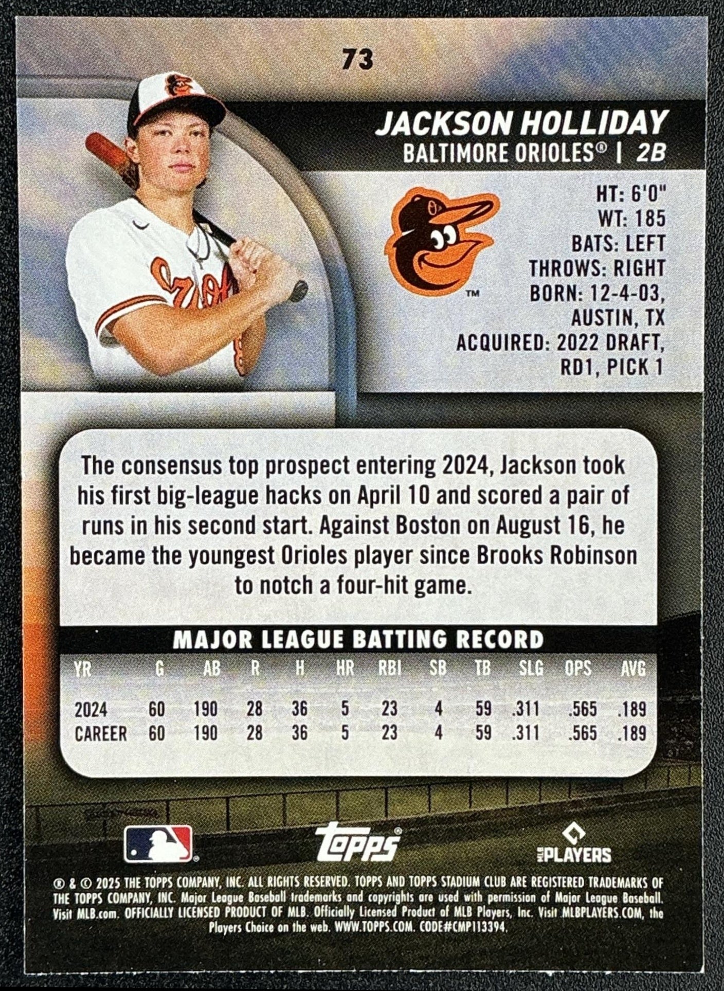 JACKSON HOLLIDAY 2025 TOPPS STADIUM CLUB #73 ORIOLES