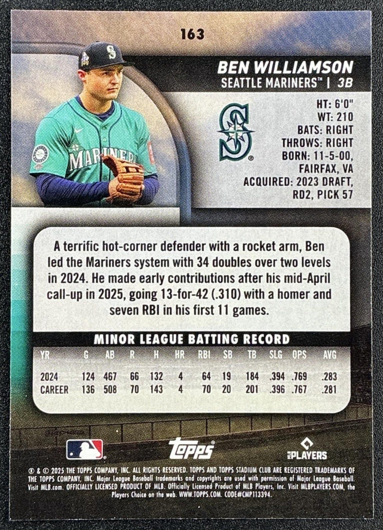 BEN WILLIAMSON 2025 TOPPS STADIUM CLUB #163 RC MARINERS