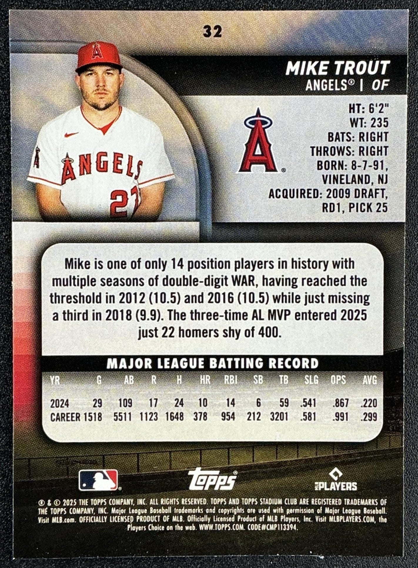 MIKE TROUT 2025 TOPPS STADIUM CLUB #32 ANGELS