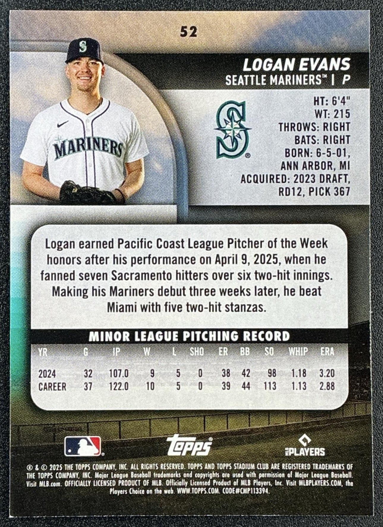 LOGAN EVANS 2025 TOPPS STADIUM CLUB #52 RC MARINERS