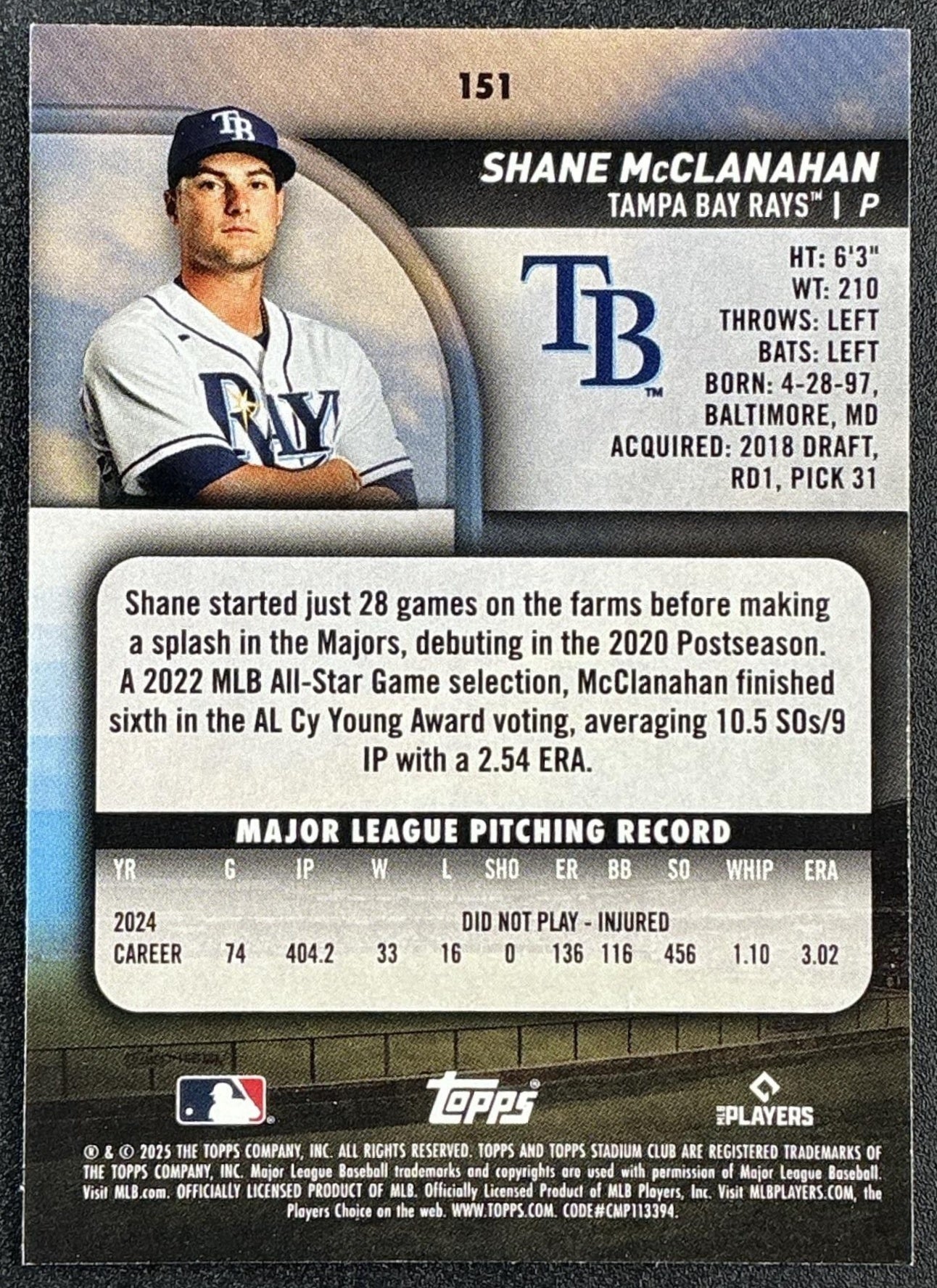 SHANE MCCLANAHAN 2025 TOPPS STADIUM CLUB #151 RED FOIL RAYS