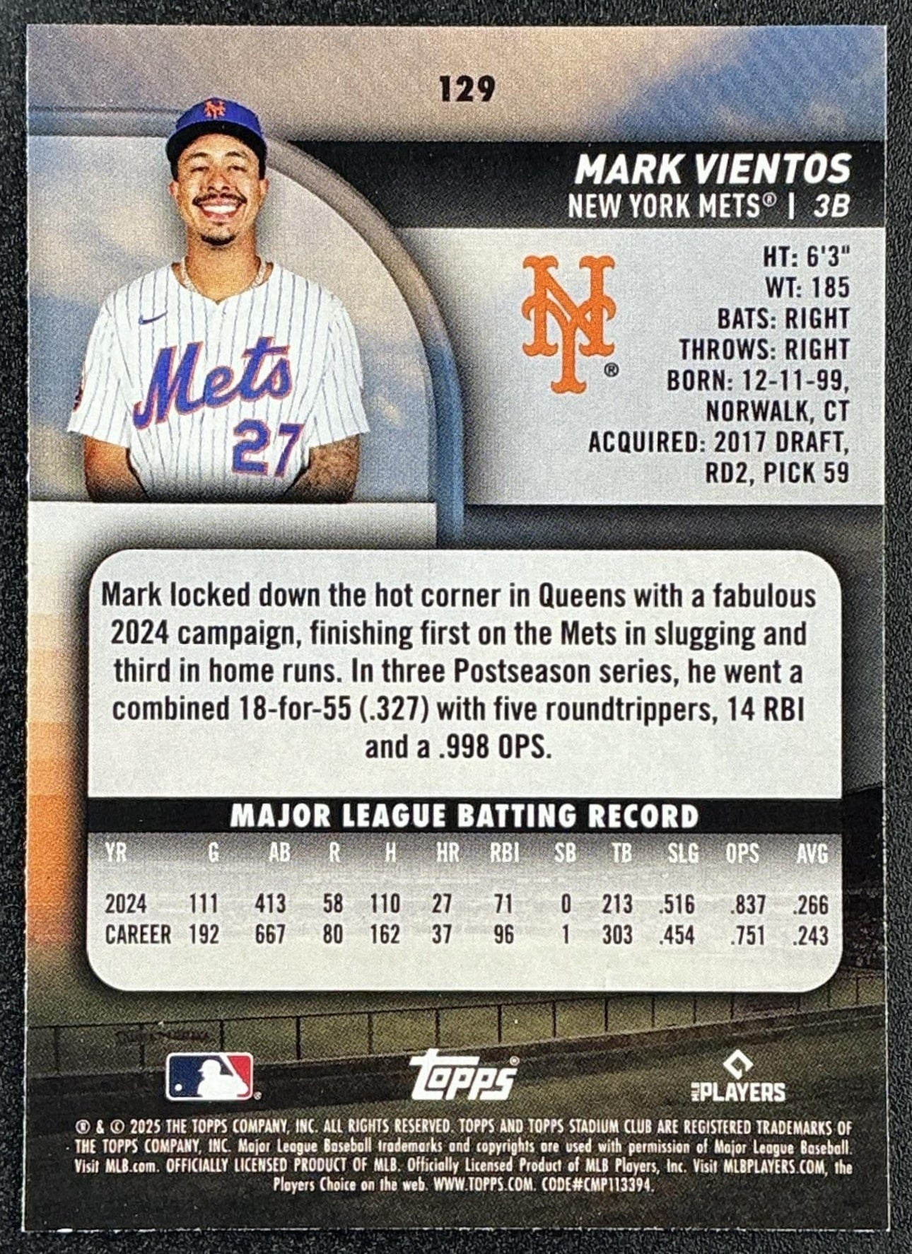 MARK VIENTOS 2025 TOPPS STADIUM CLUB #129 RED FOIL METS