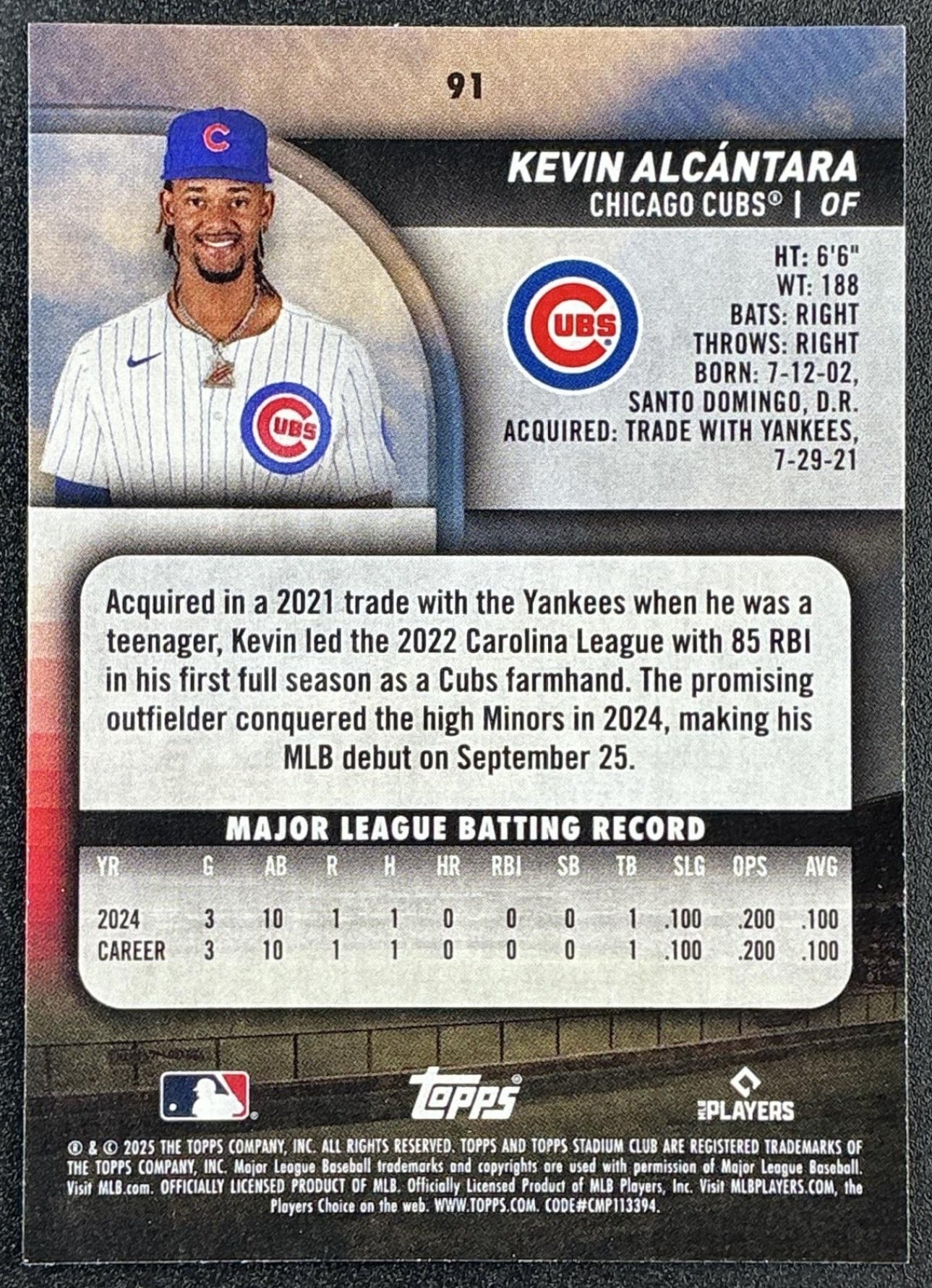 KEVIN ALCANTARA 2025 TOPPS STADIUM CLUB #91 RC CUBS