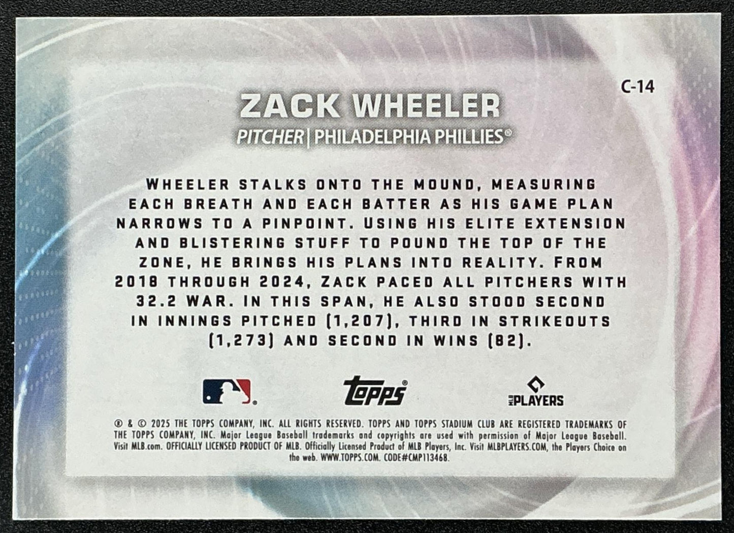 ZACK WHEELER 2025 TOPPS STADIUM CLUB #C-14 CONCENTRATION PHILLIES