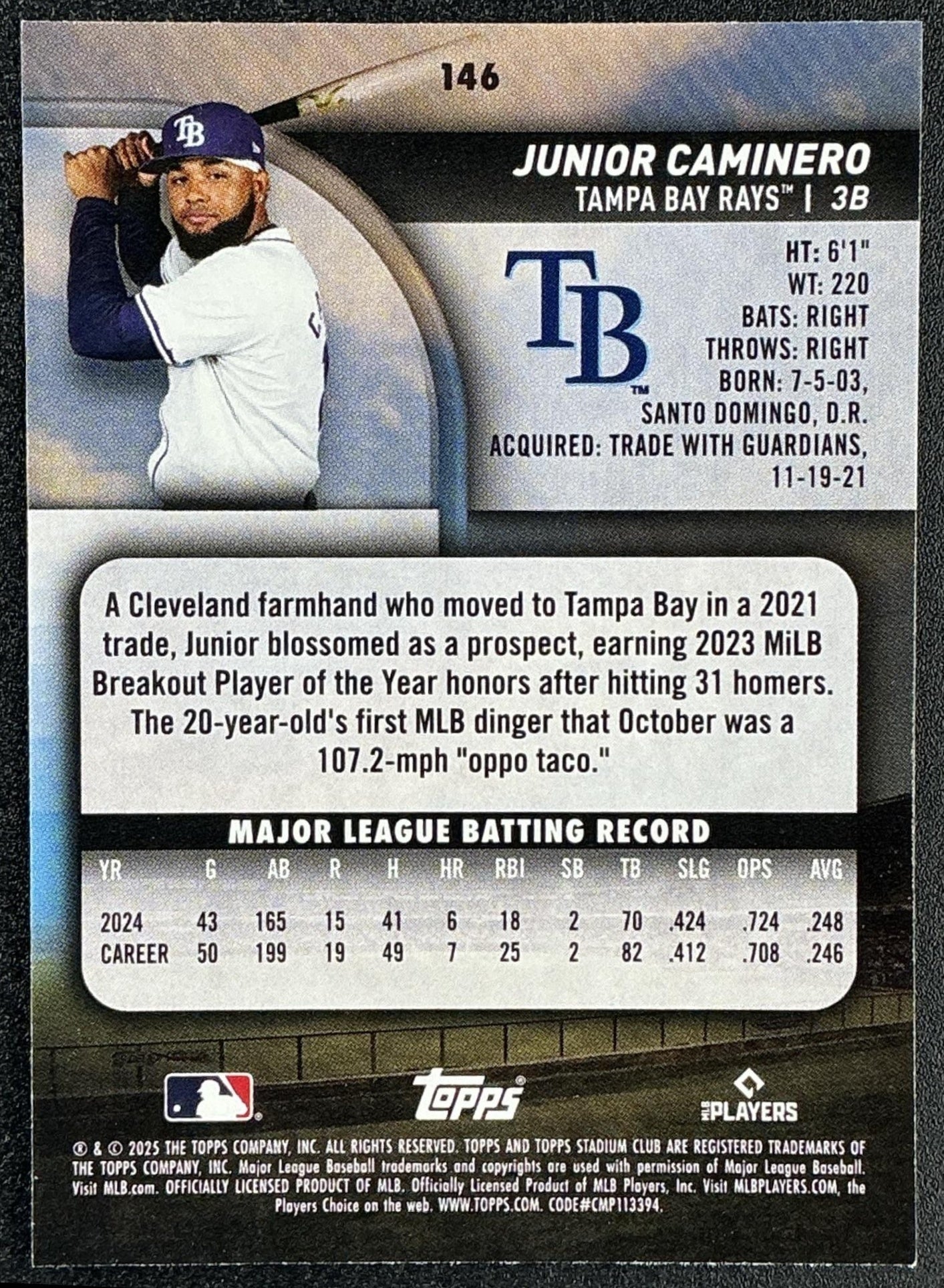 JUNIOR CAMINERO 2025 TOPPS STADIUM CLUB #146 RAYS