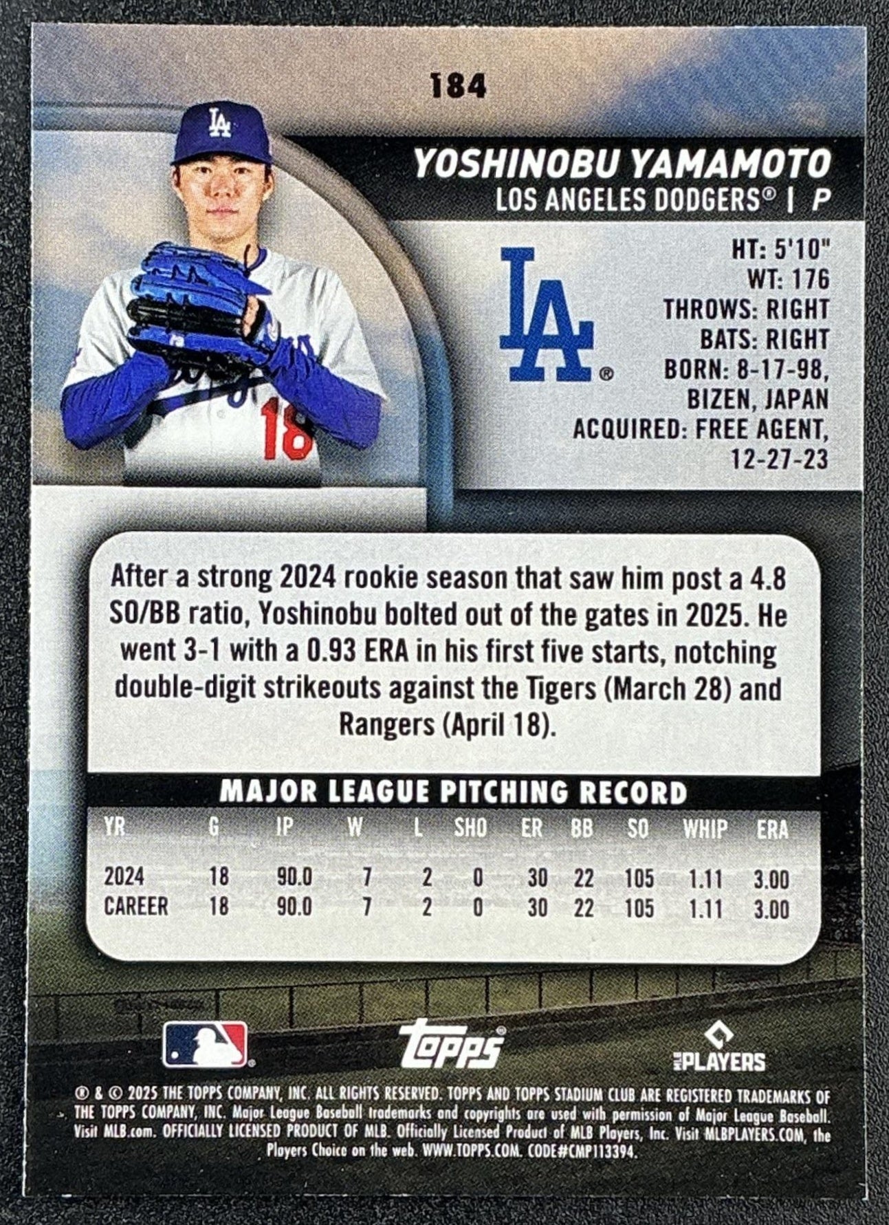 YOSHINOBU YAMAMOTO 2025 TOPPS STADIUM CLUB #184 RED FOIL DODGERS