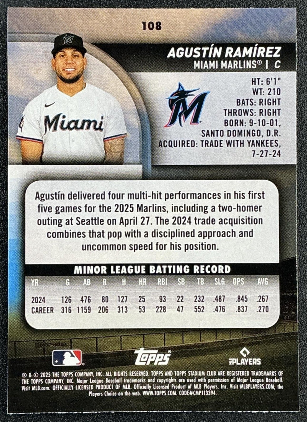 AGUSTIN RAMIREZ 2025 TOPPS STADIUM CLUB #108 RC MARLINS