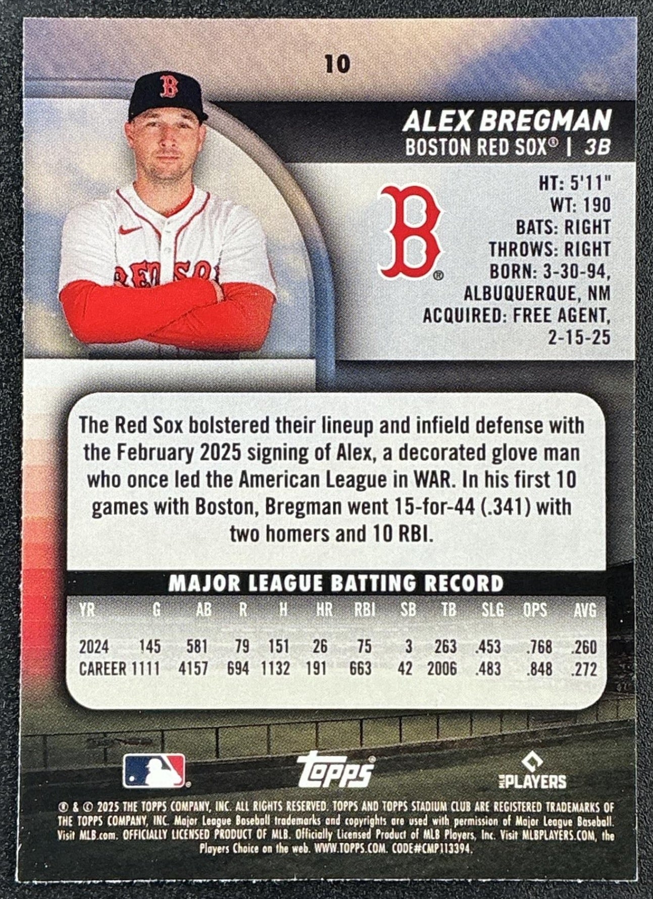 ALEX BREGMAN 2025 TOPPS STADIUM CLUB #10 RED FOIL SOX