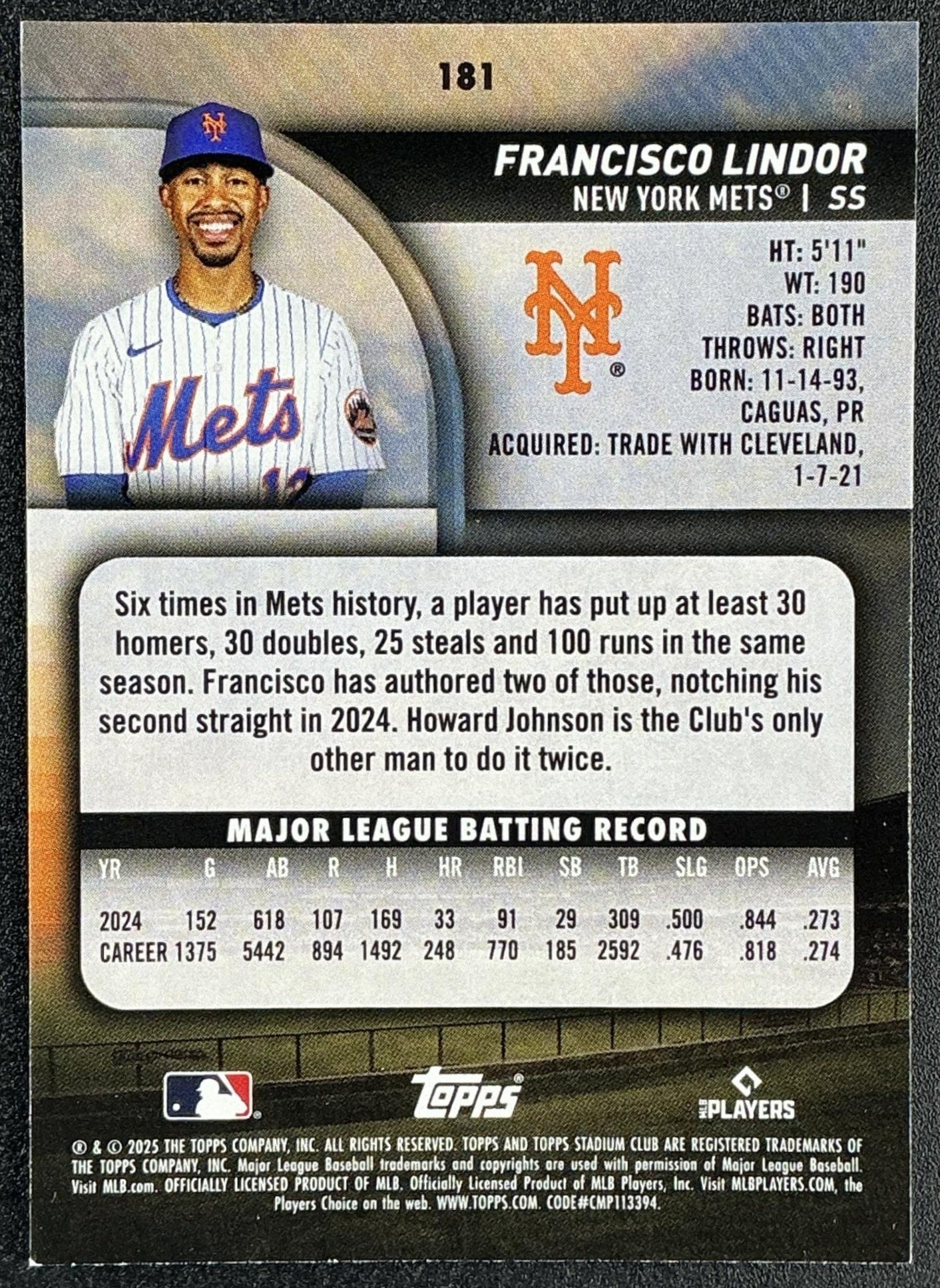 FRANCISCO LINDOR 2025 TOPPS STADIUM CLUB #181 METS