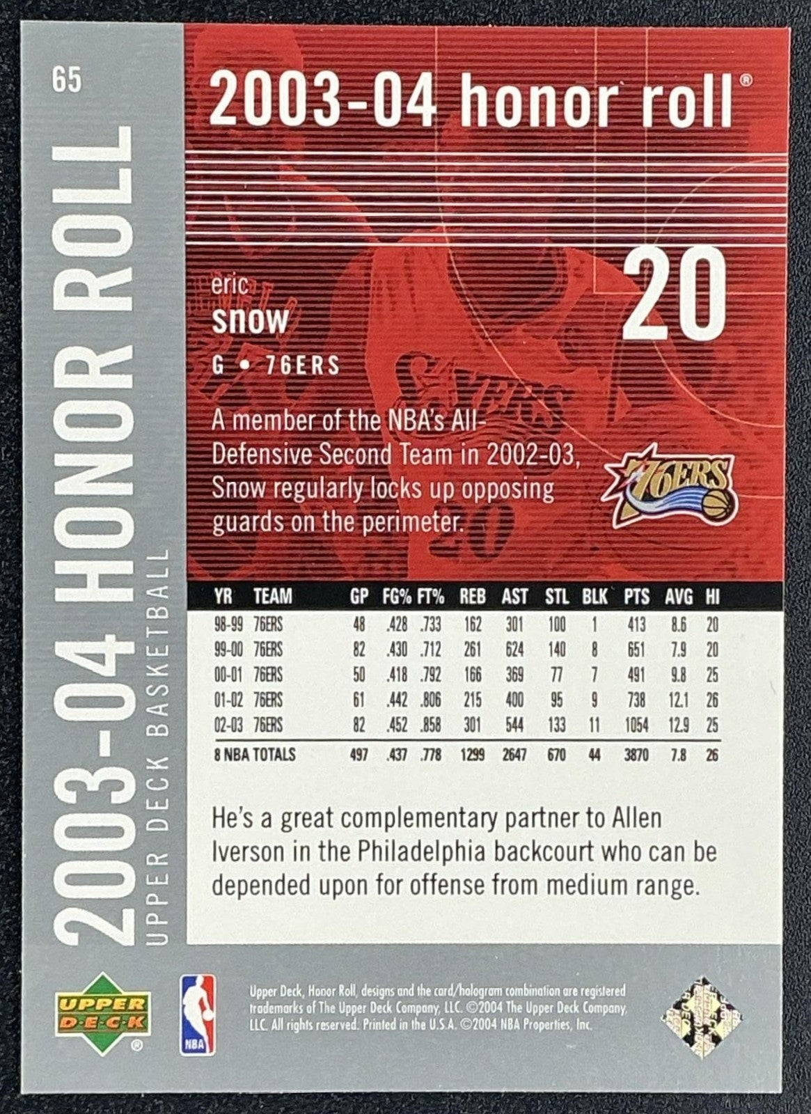 ERIC SNOW 2003-04 UPPER DECK HONOR ROLL #65 76ERS