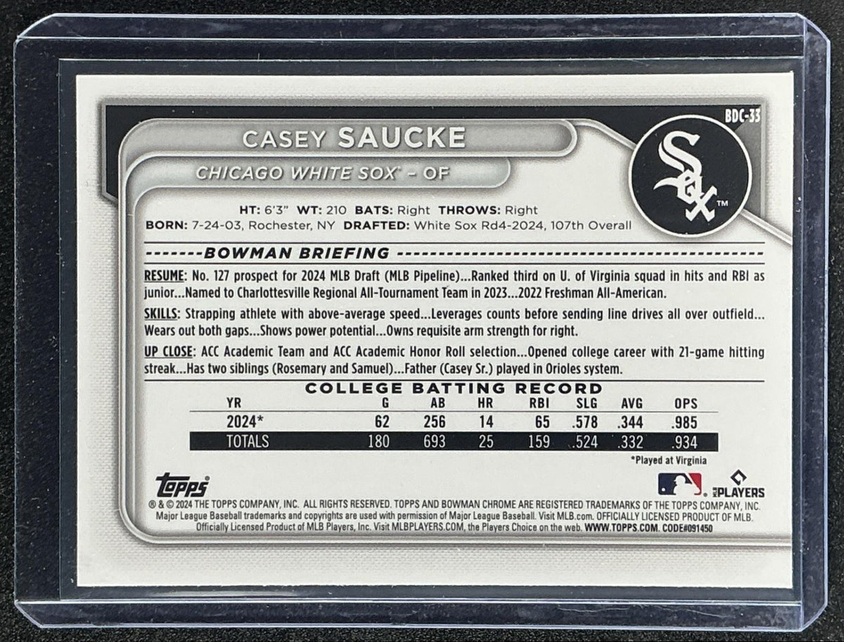 2024 Bowman Draft Casey Saucke #BDC-33 Chrome Sky Blue Refractor 1st Prospect