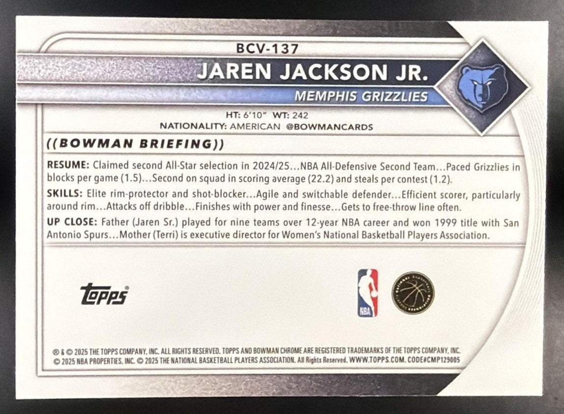 JAREN JACKSON JR. 2025-26 BOWMAN #BCV-137 CHROME REPTILIAN REFRACTOR GRIZZLIES