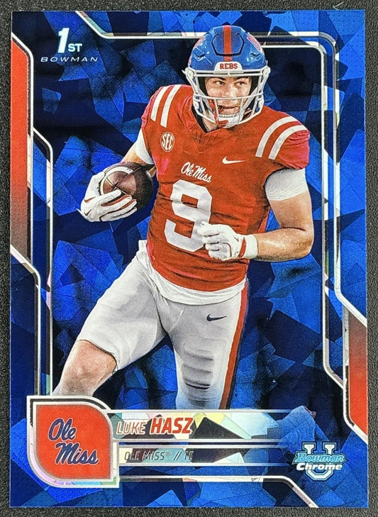 LUKE HASZ 2025 BOWMAN CHROME UNIVERSITY SAPPHIRE #61 1ST PROSPECT REBELS