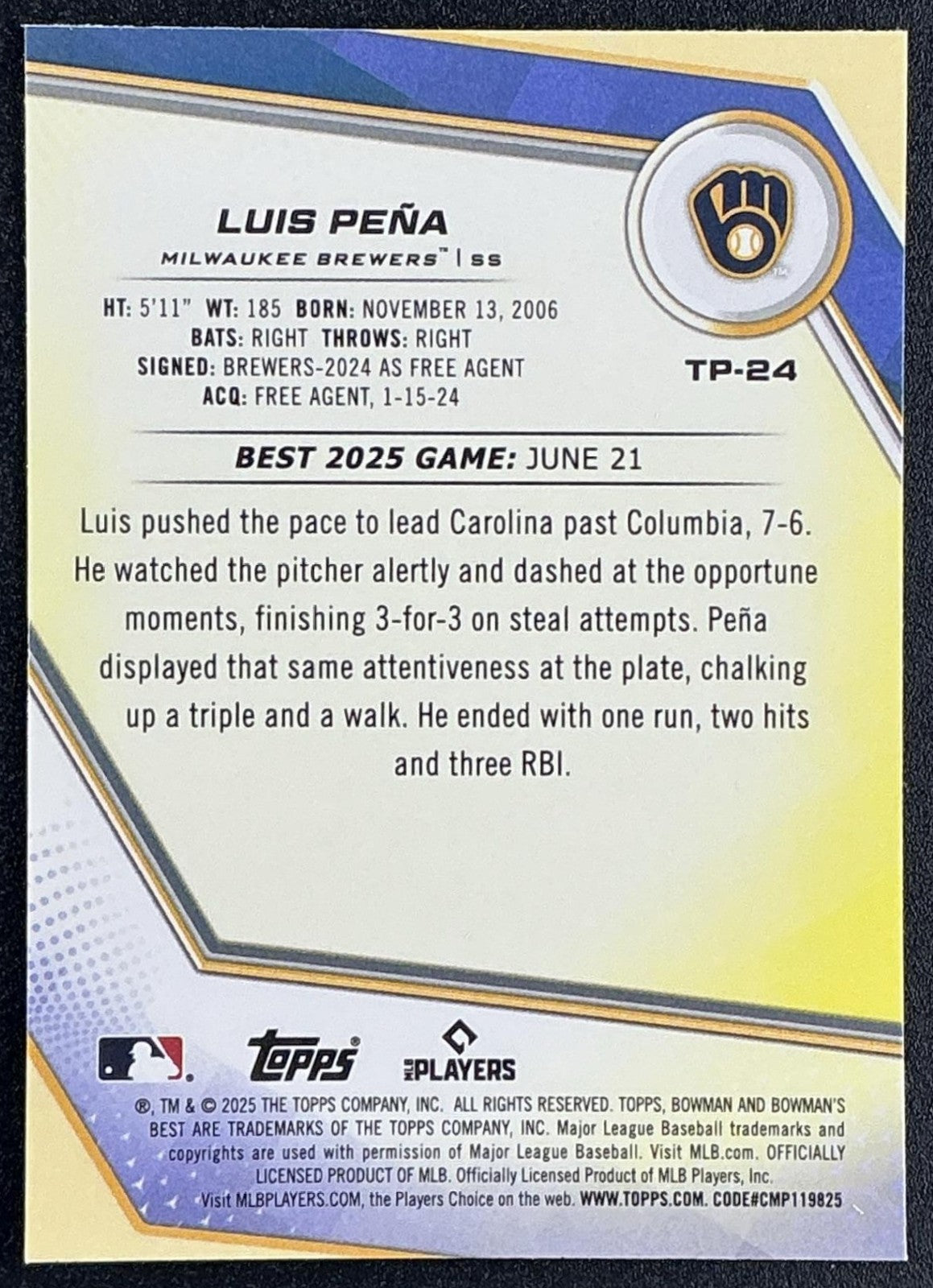 LUIS PENA 2025 BOWMAN'S BEST #TP-24 TOP PROSPECTS BREWERS