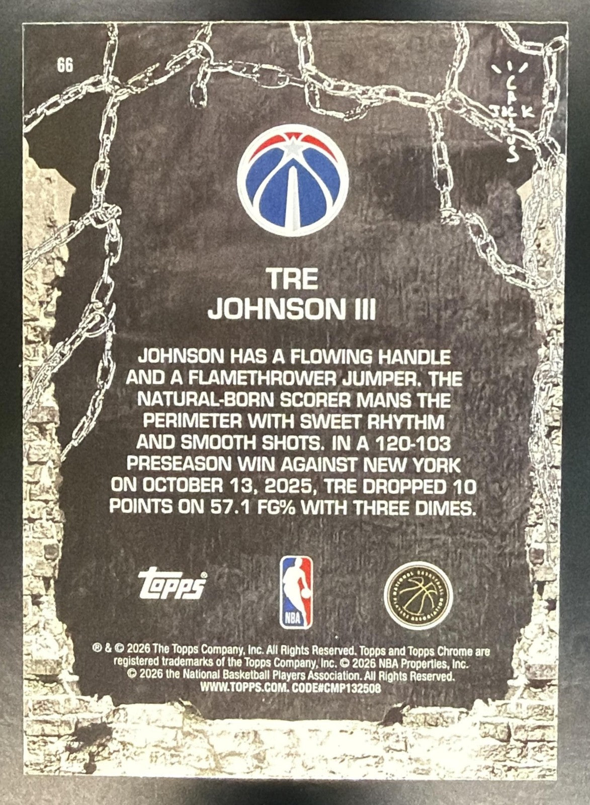 TRE JOHNSON III 2025-26 TOPPS CHROME X CACTUS JACK #66 RC WIZARDS
