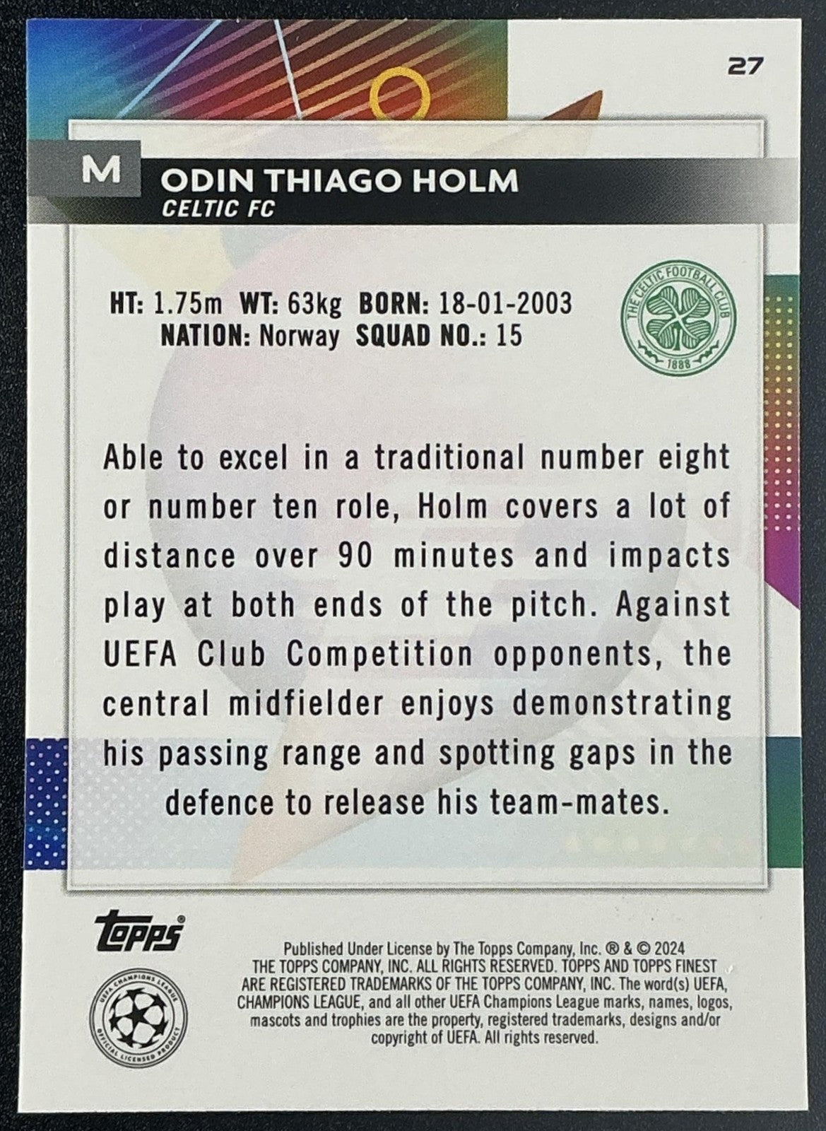 2023 Topps Finest UEFA Club Competitions Odin Thiago Holm #27 Sky Blue /275 RC