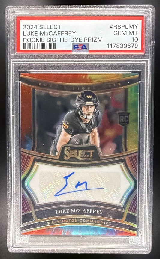 2024 Select Luke McCaffrey Rookie Signatures Tie-Dye Prizm /25 RC Auto PSA 10