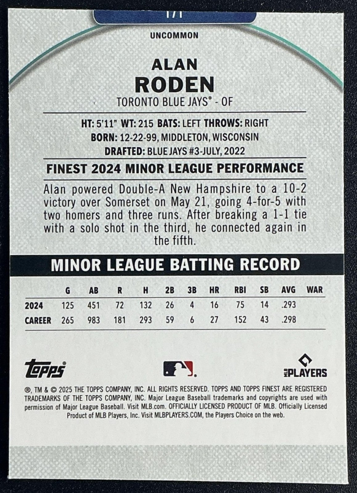ALAN RODEN 2025 TOPPS FINEST #171 UNCOMMON X-FRACTOR RC BLUE JAYS