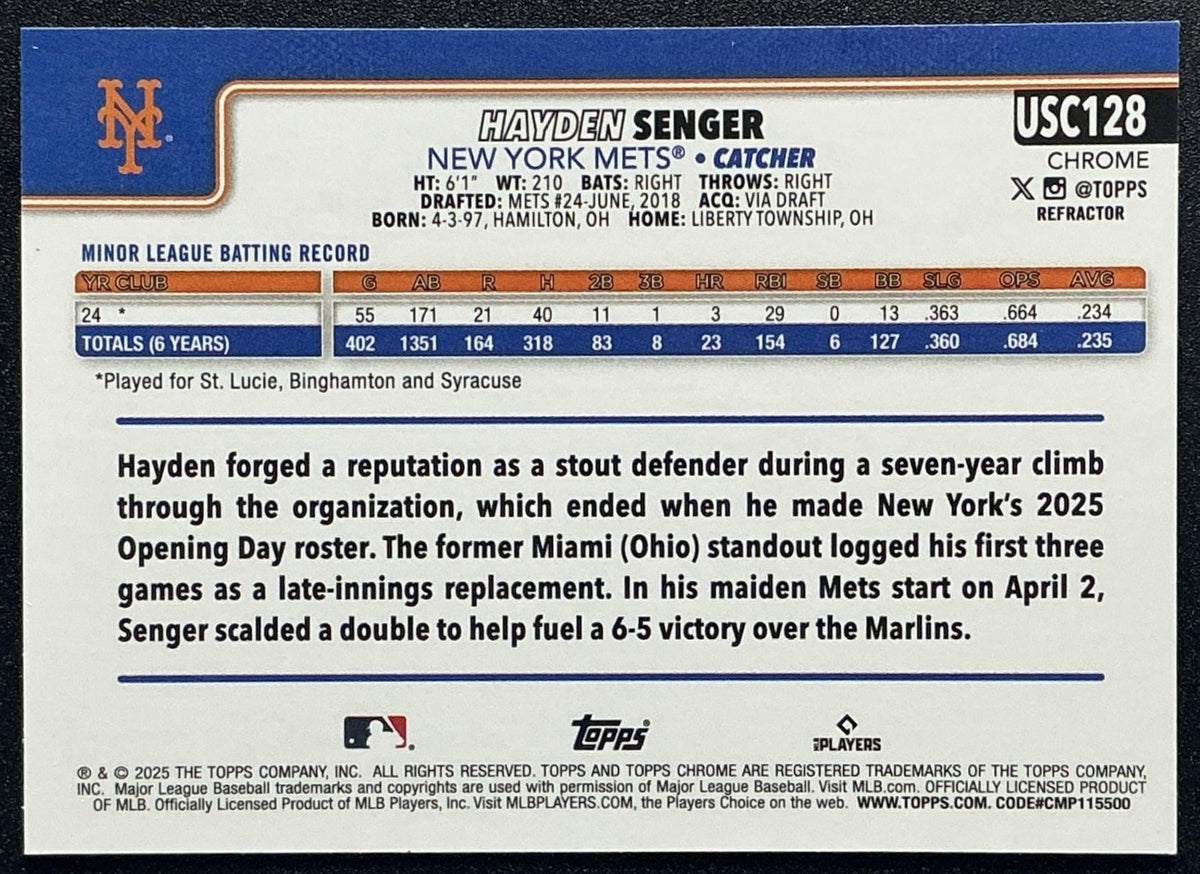 HAYDEN SENGER 2025 TOPPS CHROME UPDATE #USC128 REFRACTOR RC METS