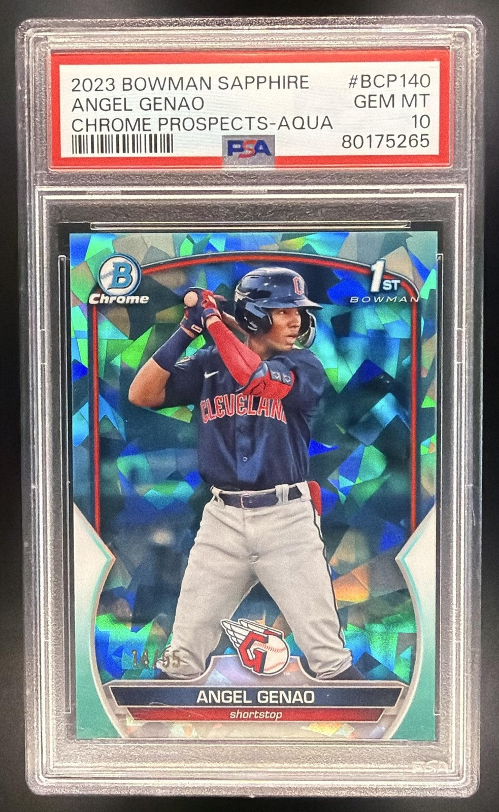 2023 Bowman Sapphire Angel Genao #BCP-140 Chrome Aqua /55 1st Prospect PSA 10
