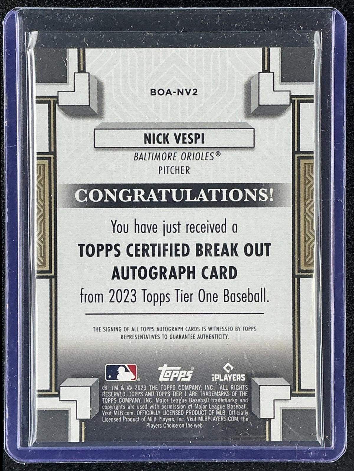 NICK VESPI 2023 TOPPS TIER ONE #BOA-NV2 BREAK OUT AUTO /299 RC ORIOLES