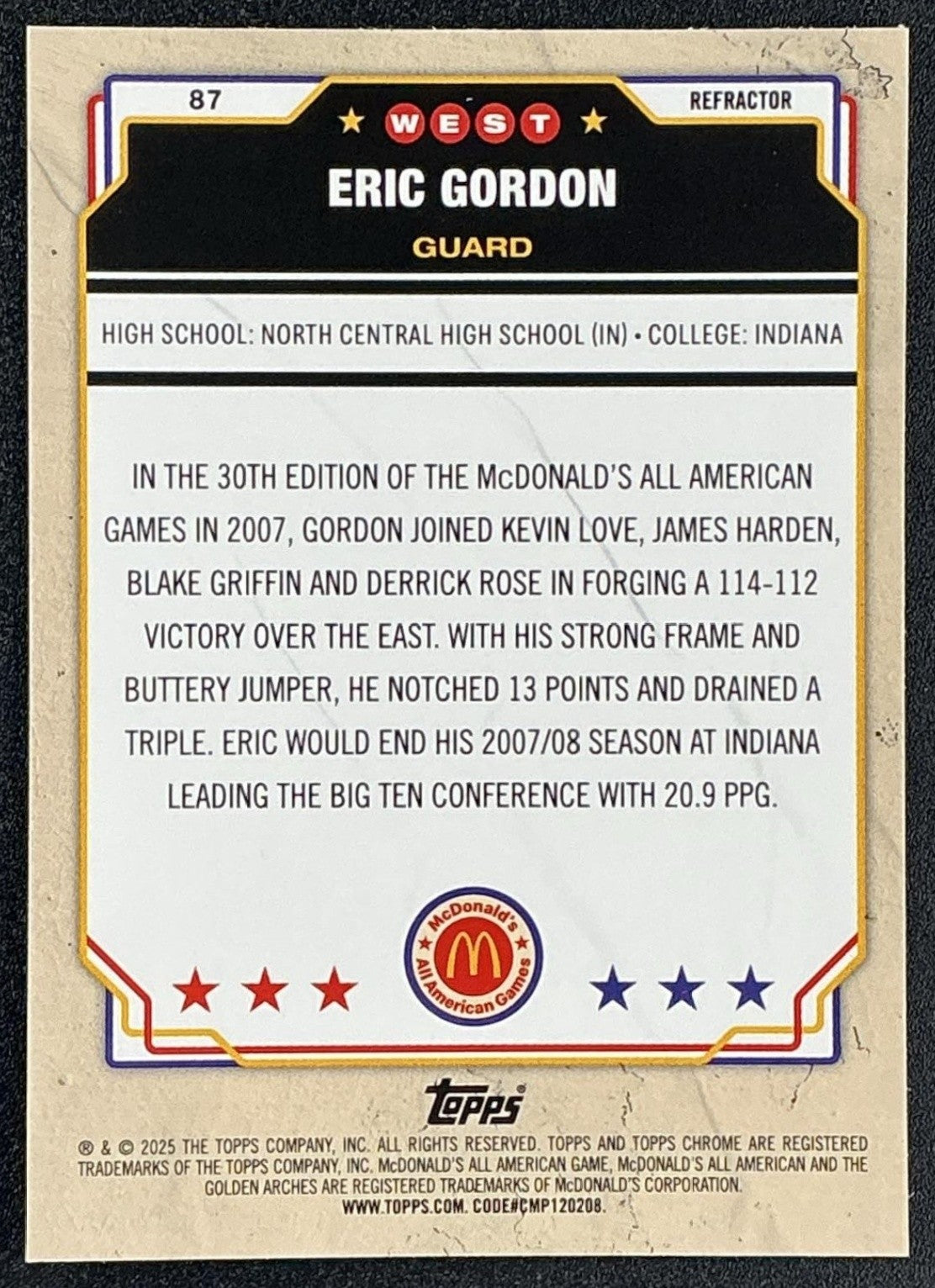 ERIC GORDON 2025 TOPPS CHROME MCDONALD'S ALL-AMERICAN #87 REFRACTOR